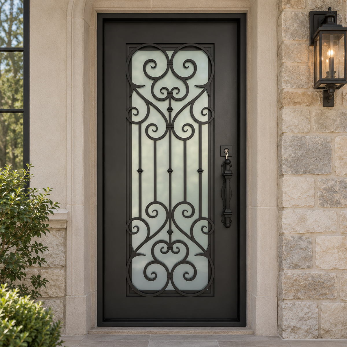 Traditional black iron entry door with ornamental scrollwork installed at an upscale American stone entrance