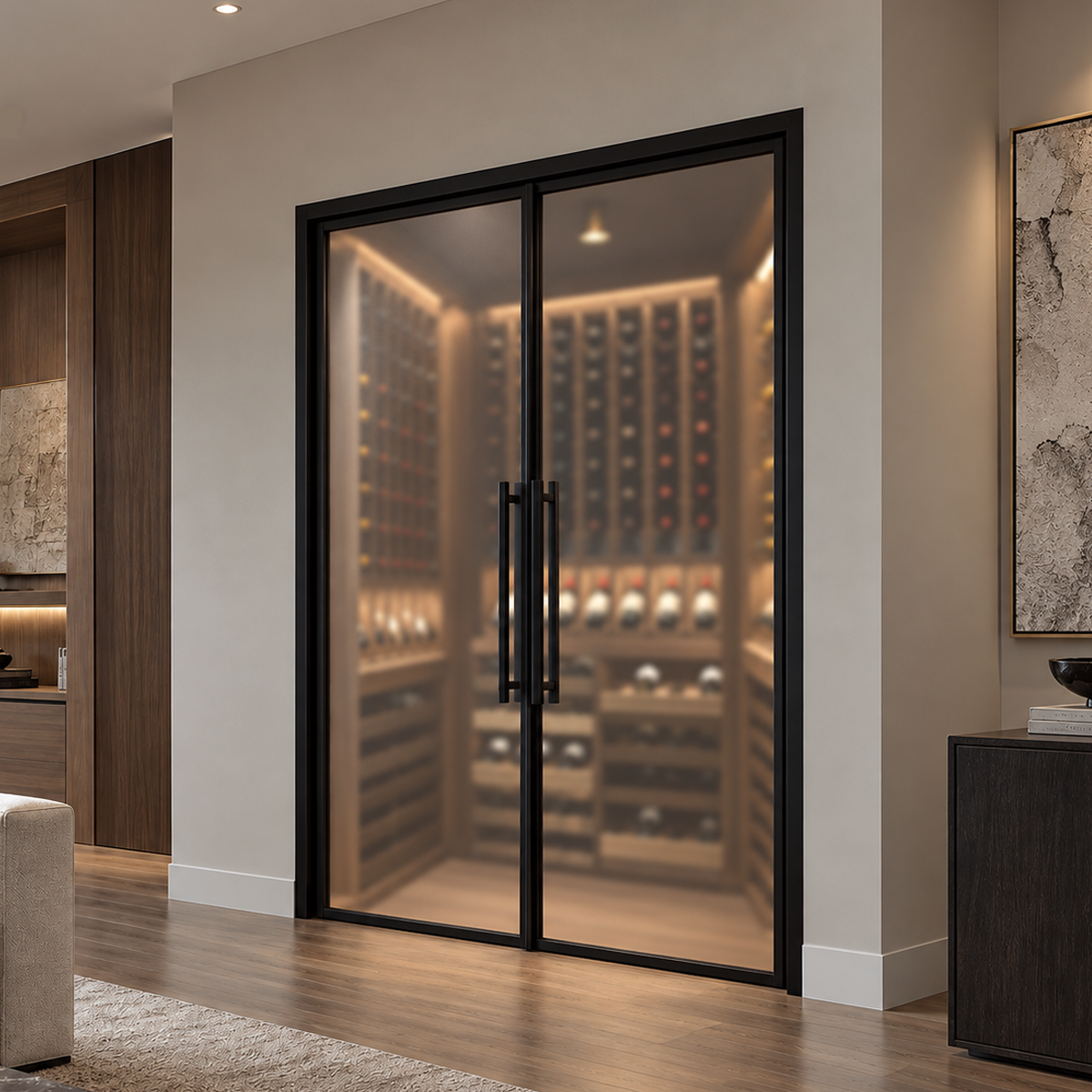 Angled view of contemporary double iron wine cellar doors with full glass panels installed in an upscale home interior