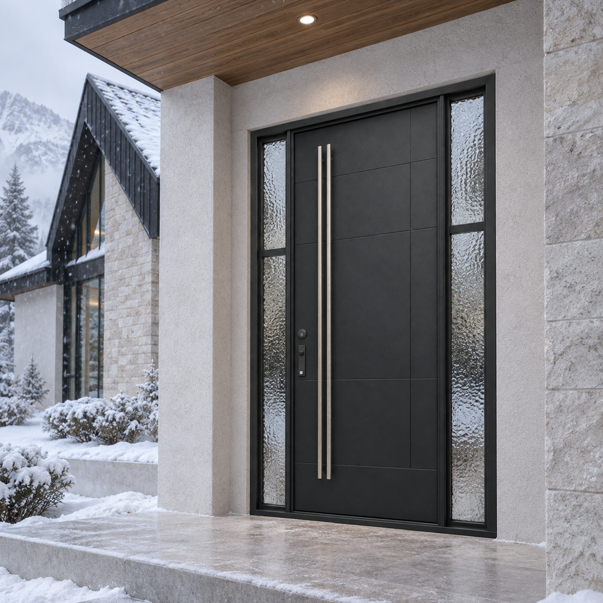 Angled exterior view of a contemporary single iron front door with textured glass sidelites and long vertical handles