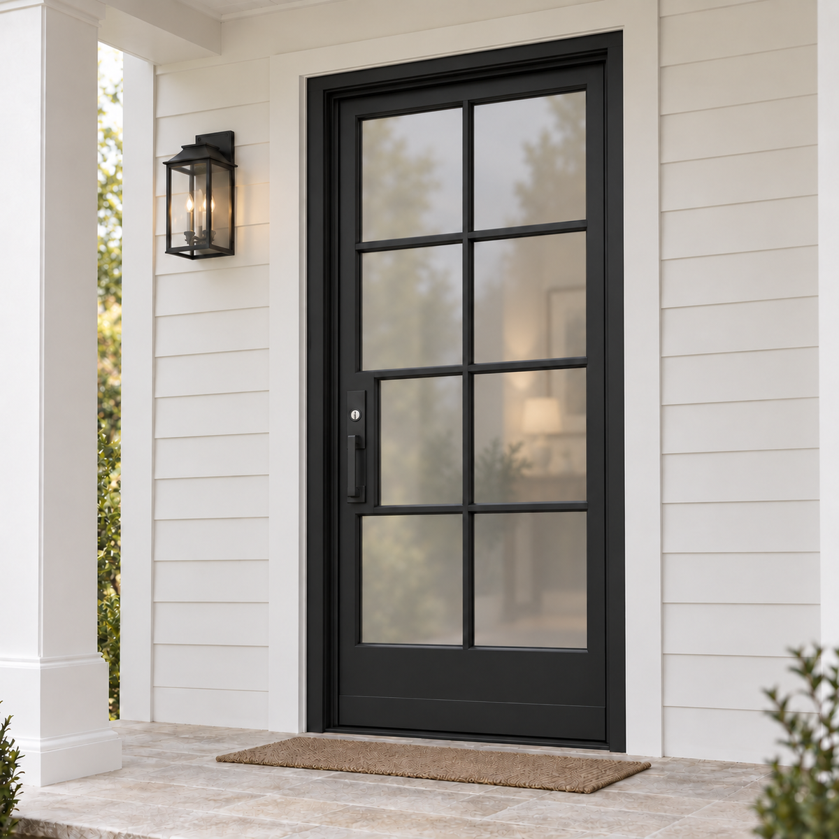 Angled porch view of a contemporary single iron French entry door with tall divided glass panels