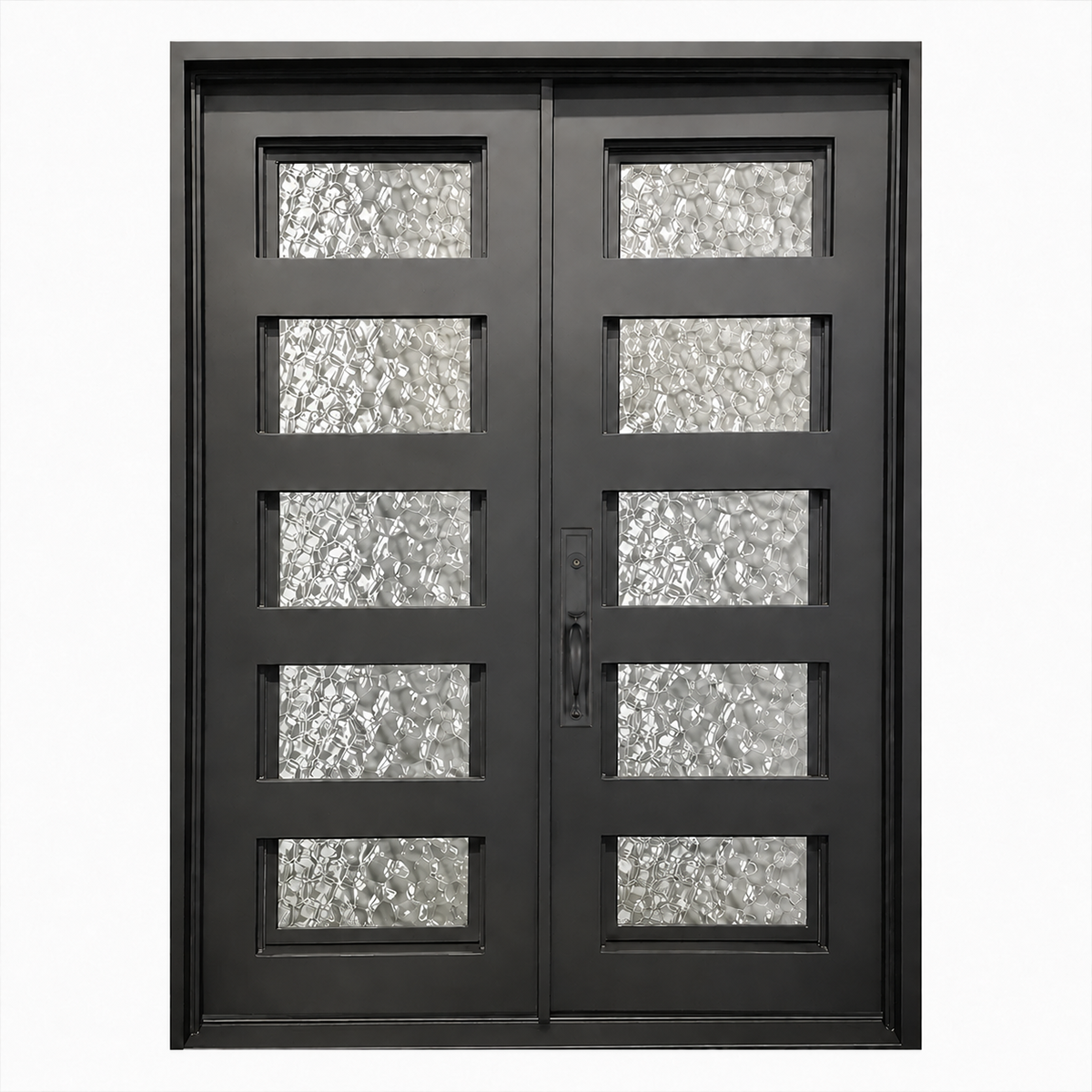 Contemporary black double iron front door with textured glass panels at a modern American residential entrance