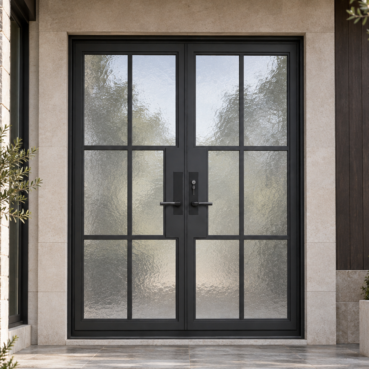 Contemporary double iron French doors in an angled exterior view with frosted divided glass