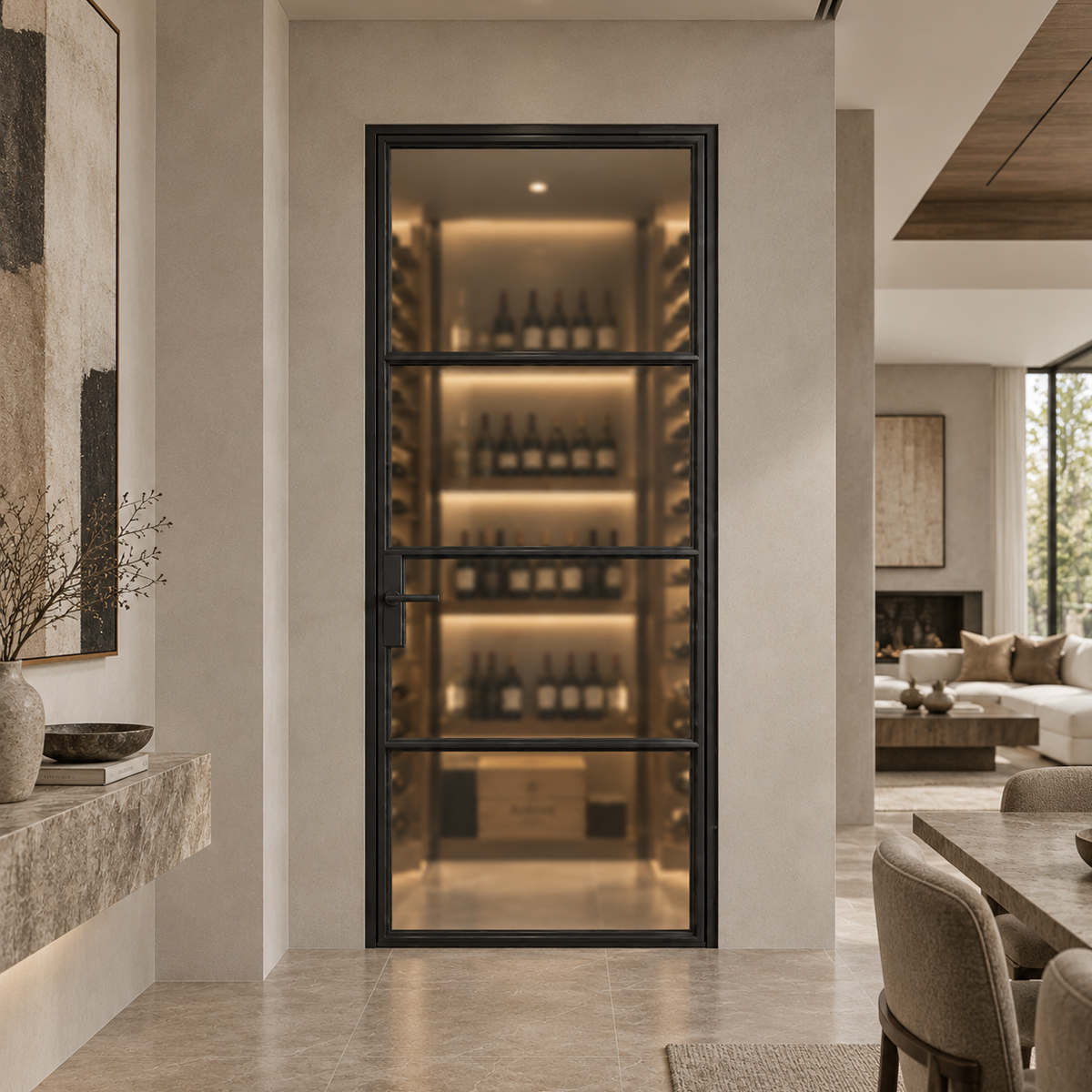 Contemporary iron wine cellar door in an upscale home interior with illuminated bottle display