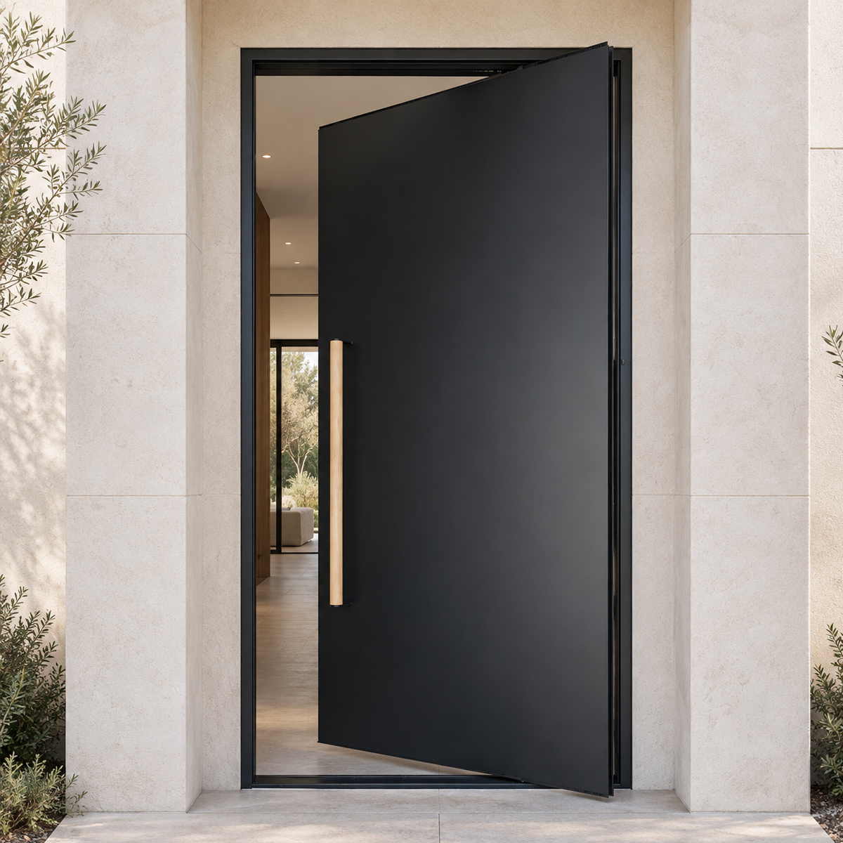 Custom black pivot front door partially open at a contemporary American stone entrance