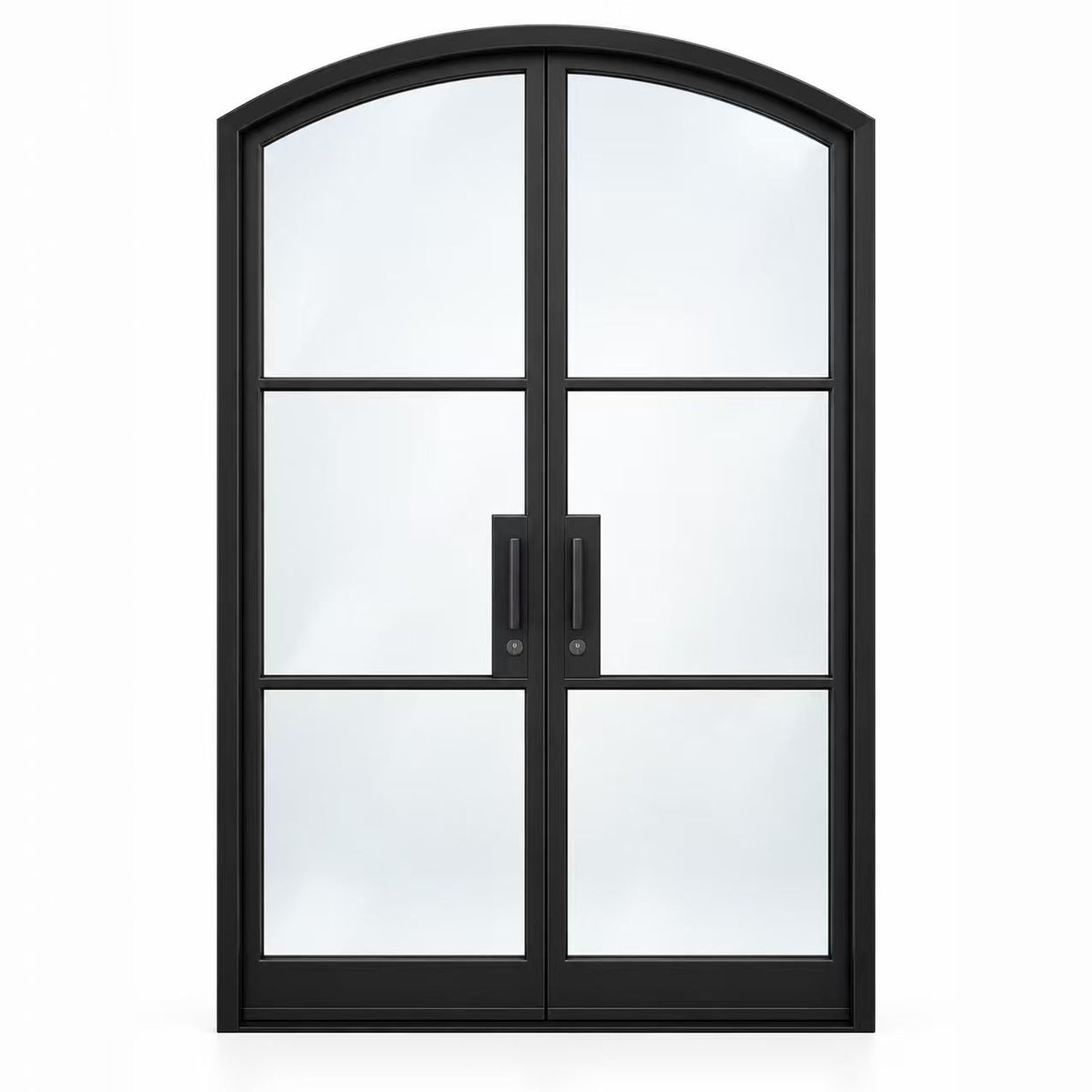 Front view of double arched iron French entry doors with large glass panels on a white background