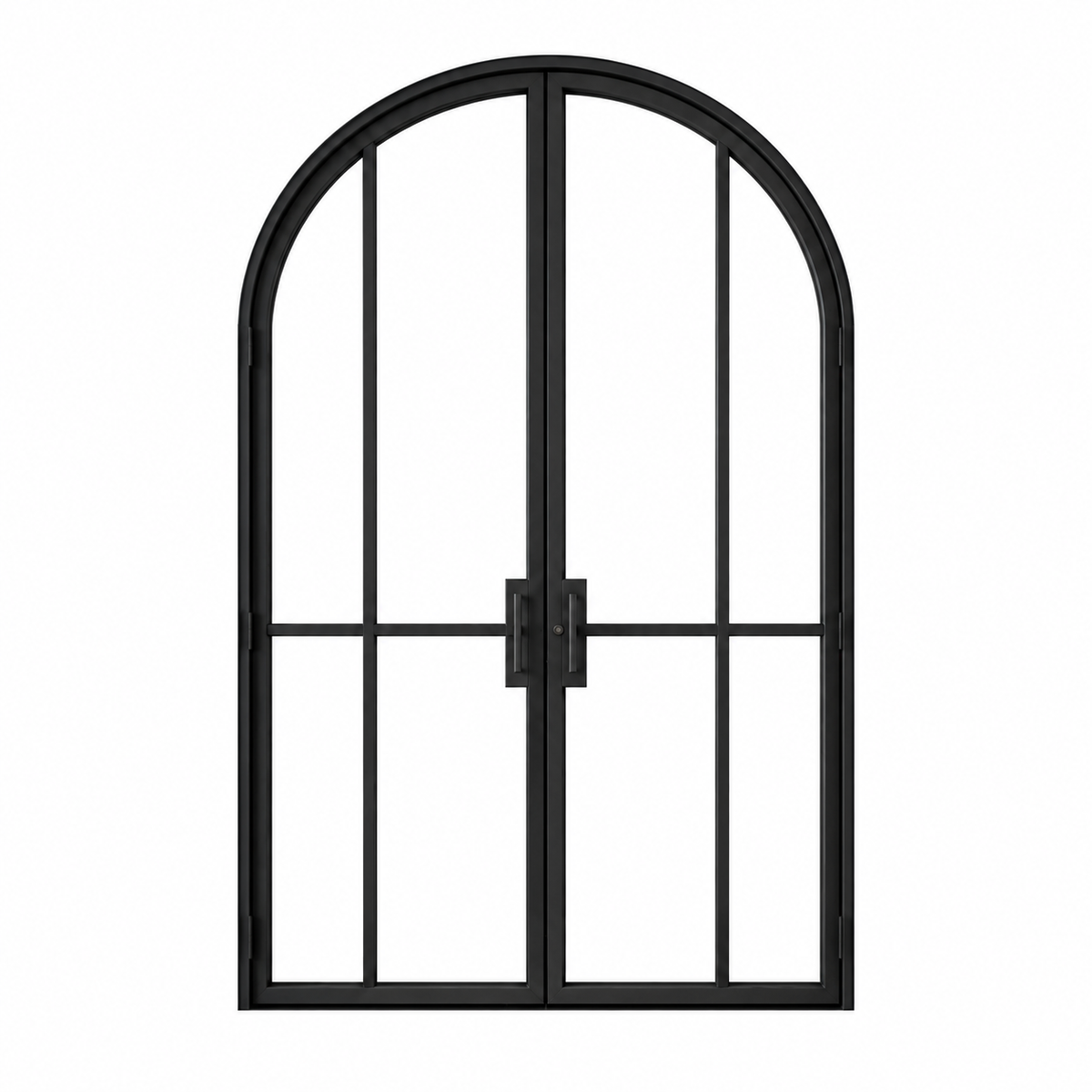 Front view of double arched iron wine cellar doors with textured privacy glass on a white background