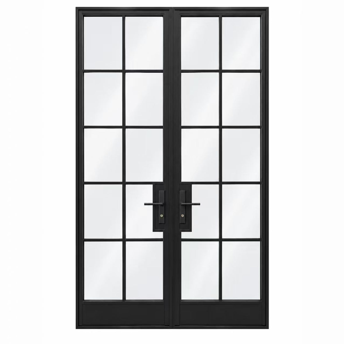 Front view of double iron French doors with black frames and divided glass panels on a white background