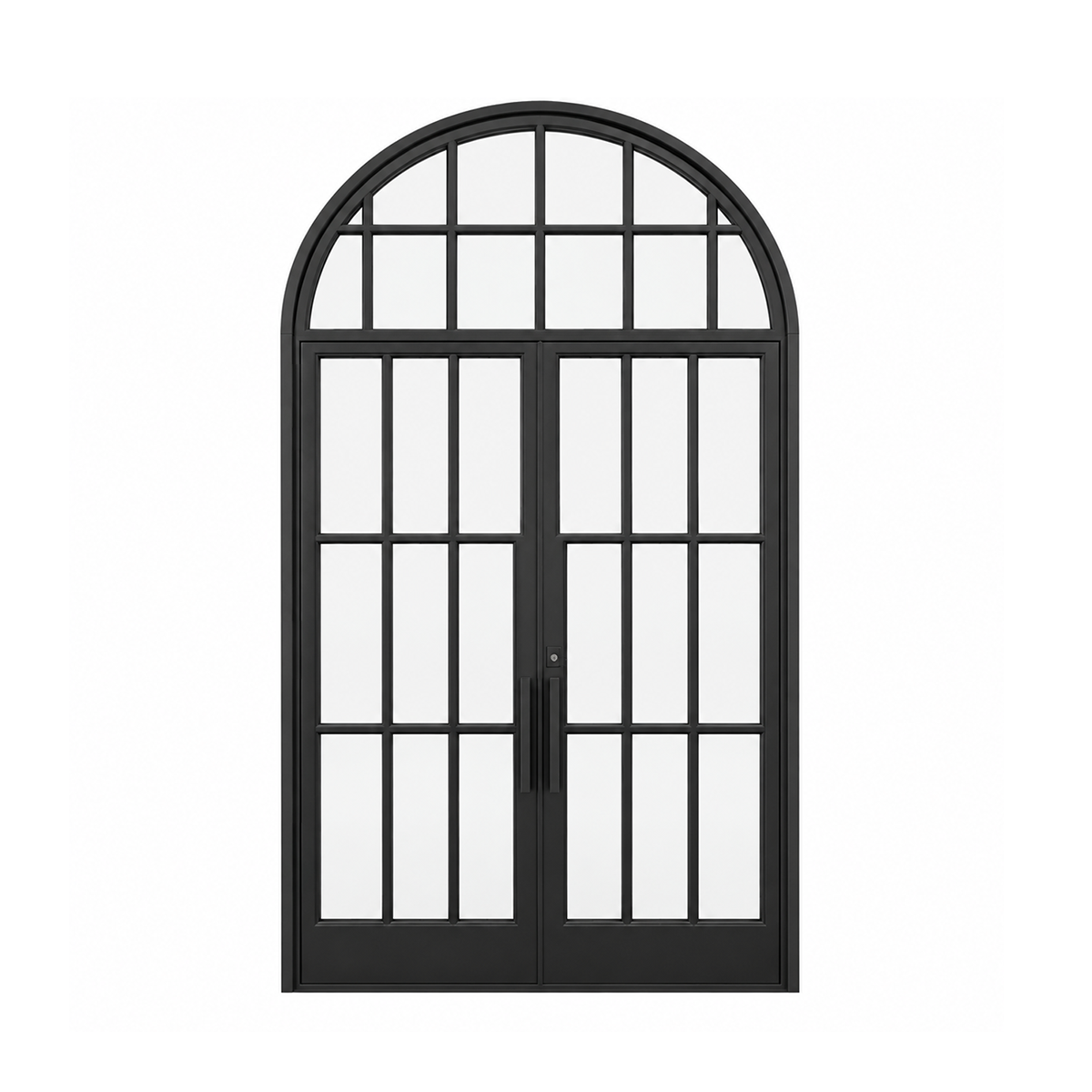 Front view of double iron wine cellar doors with divided glass panels and an arched transom on a white background