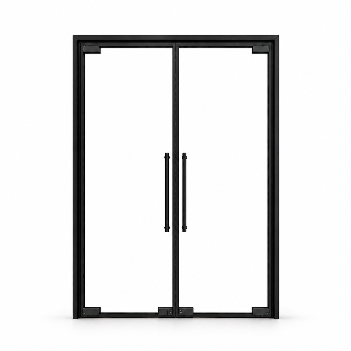 Front view of modern double iron wine room doors with full-height glass panels on a white background