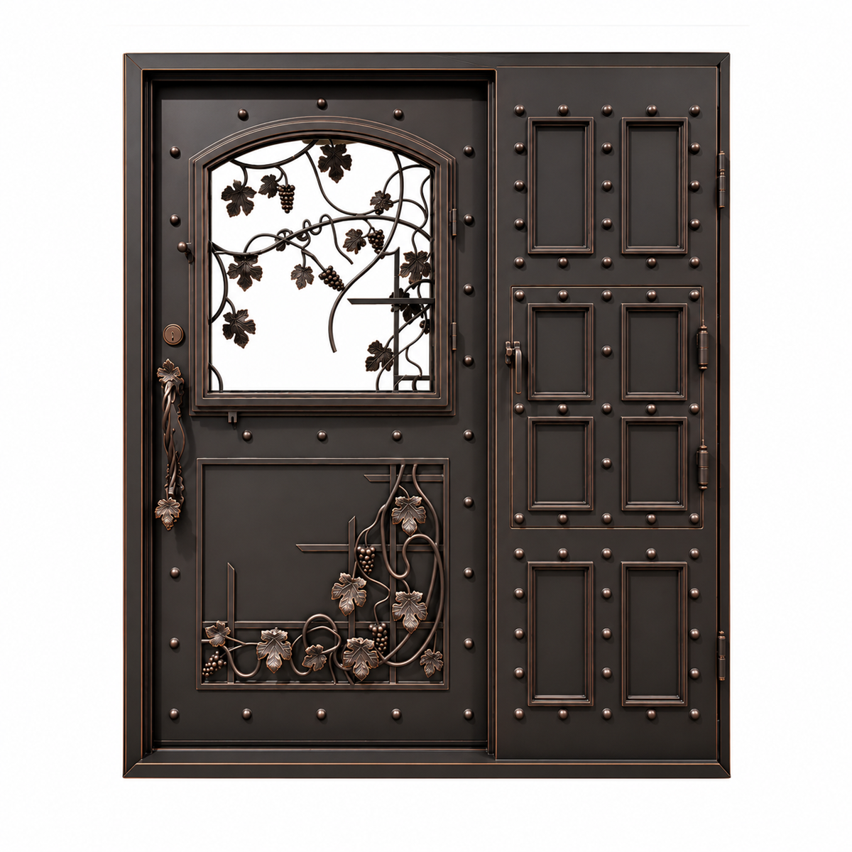 White-background view of the classic single iron front door with grape clusters, curved vines, and raised panels