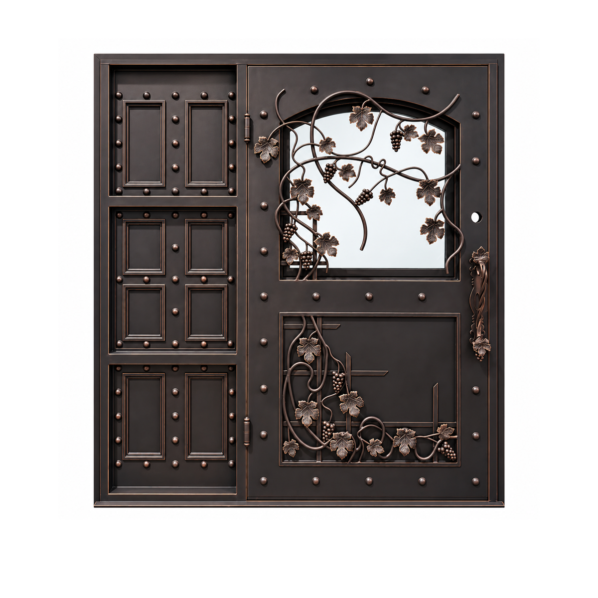 Reverse-side product view of the classic iron door assembly with grapevine motifs and a narrow paneled section