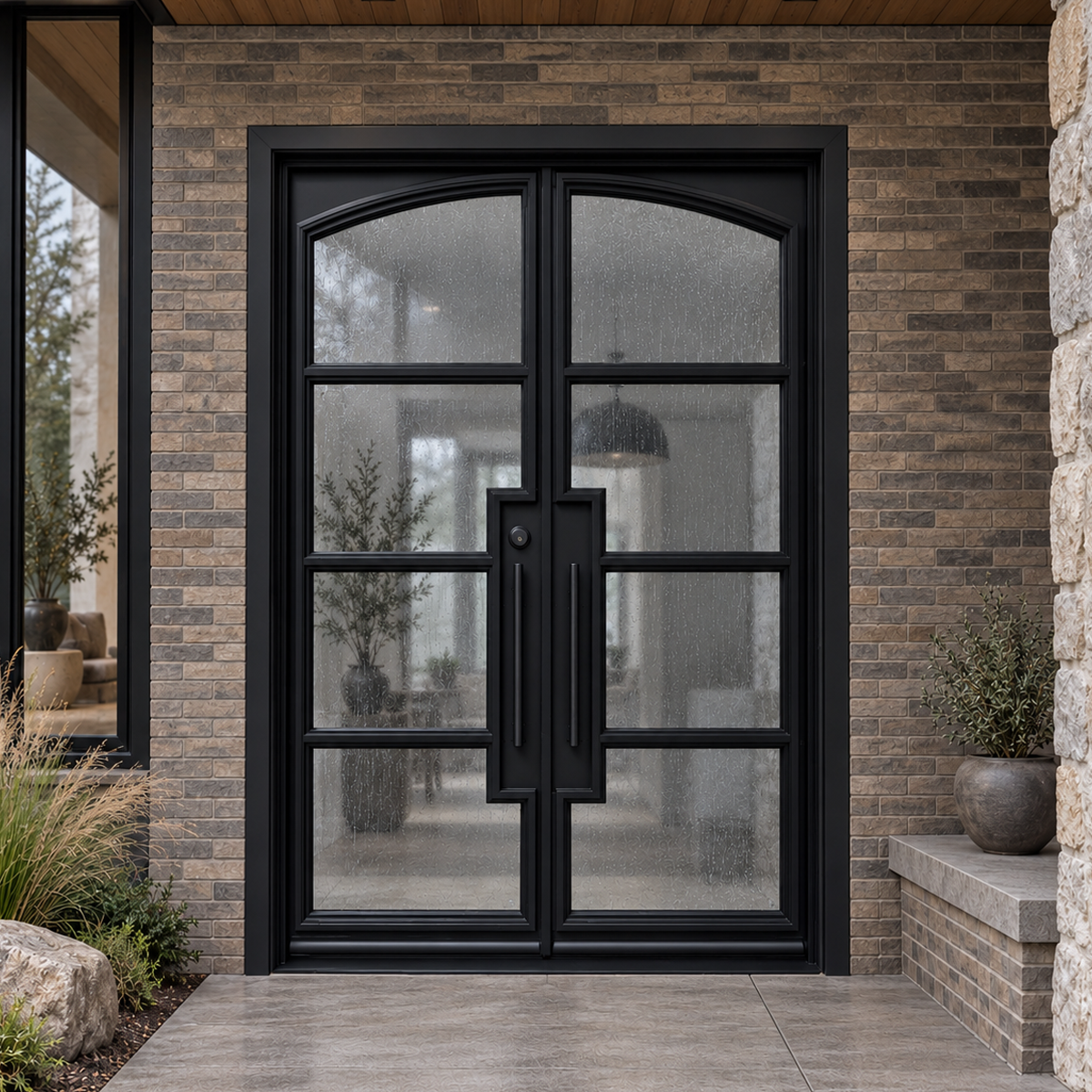 Black double French iron doors with curved upper glass panels and four stacked glass sections per leaf in a brick entrance