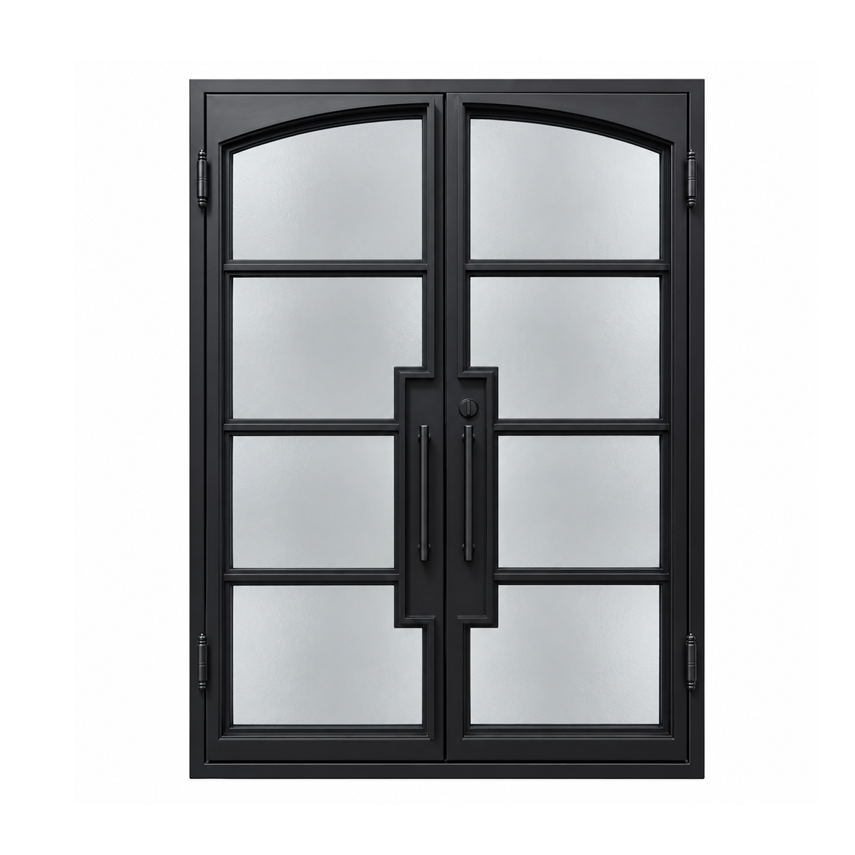 Rear view of black double French iron doors with four glass sections per leaf, curved upper panels, pull handles, and side hinges