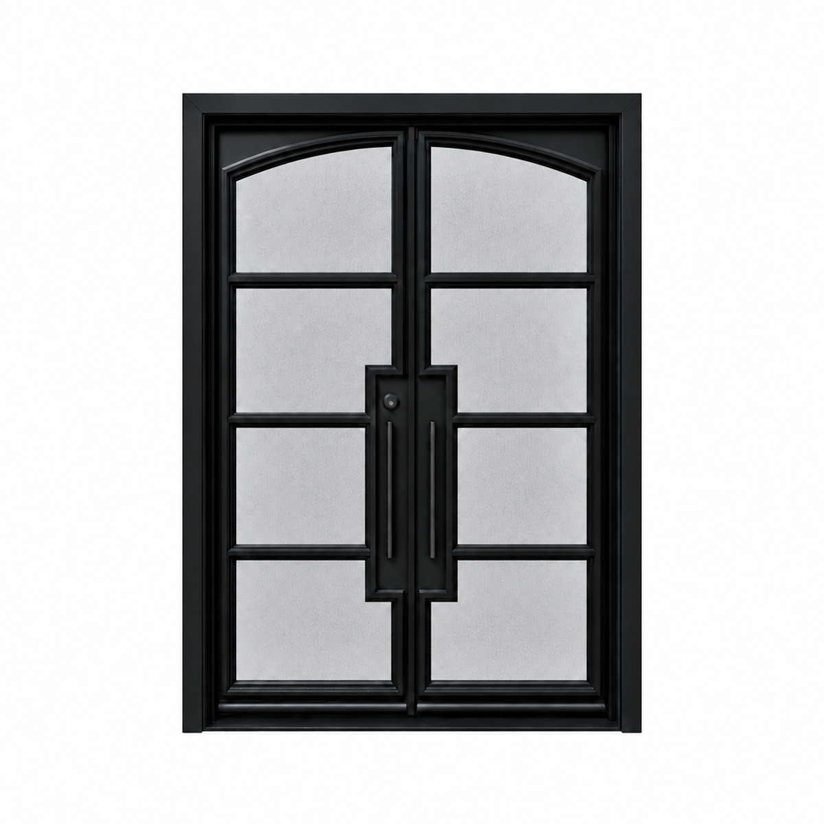 Front view of black double French iron doors with a square frame, curved glass tops, textured glazing, and stepped handle surrounds