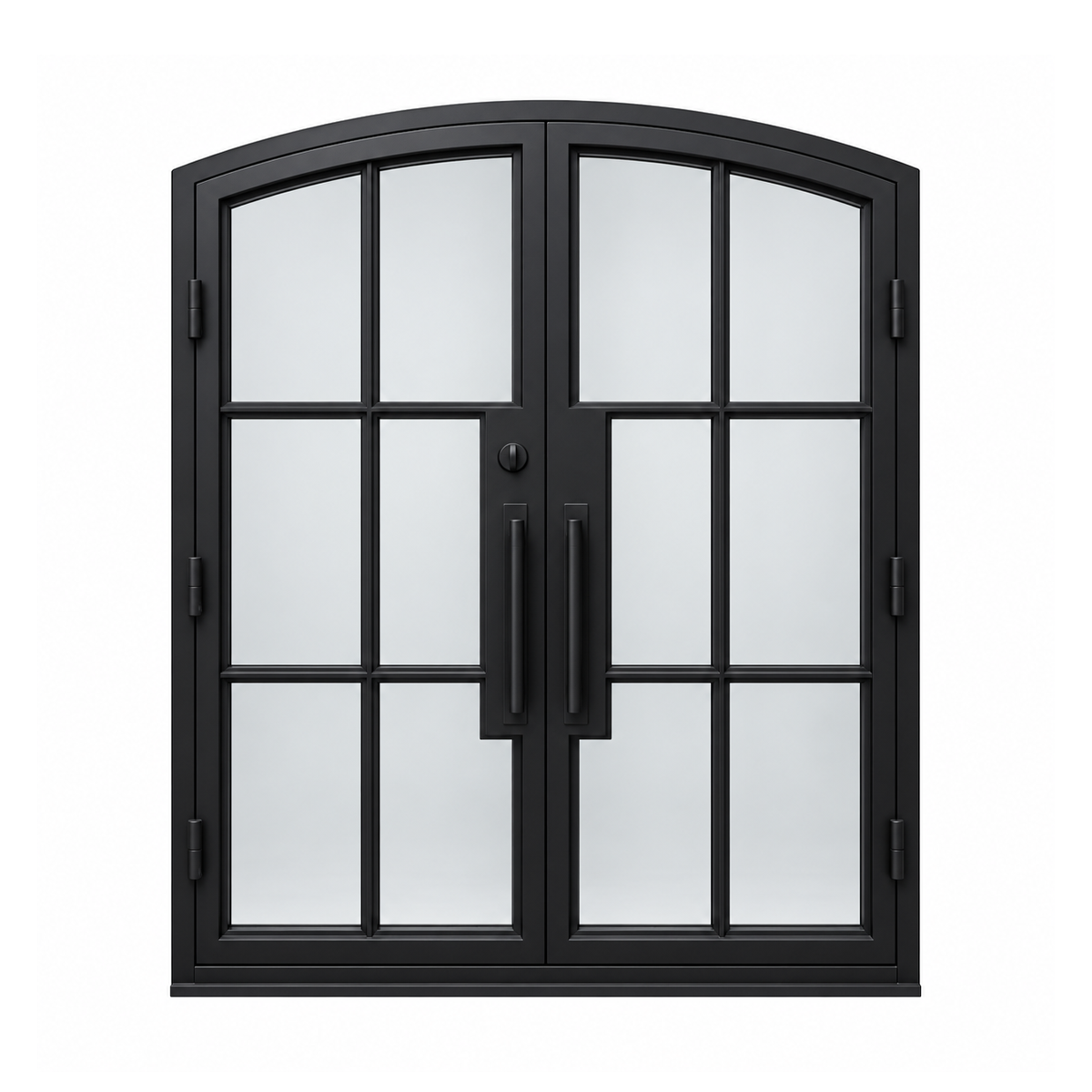 Rear view of black arched double French iron doors showing divided glass, straight handles, a thumbturn lock, and side hinges