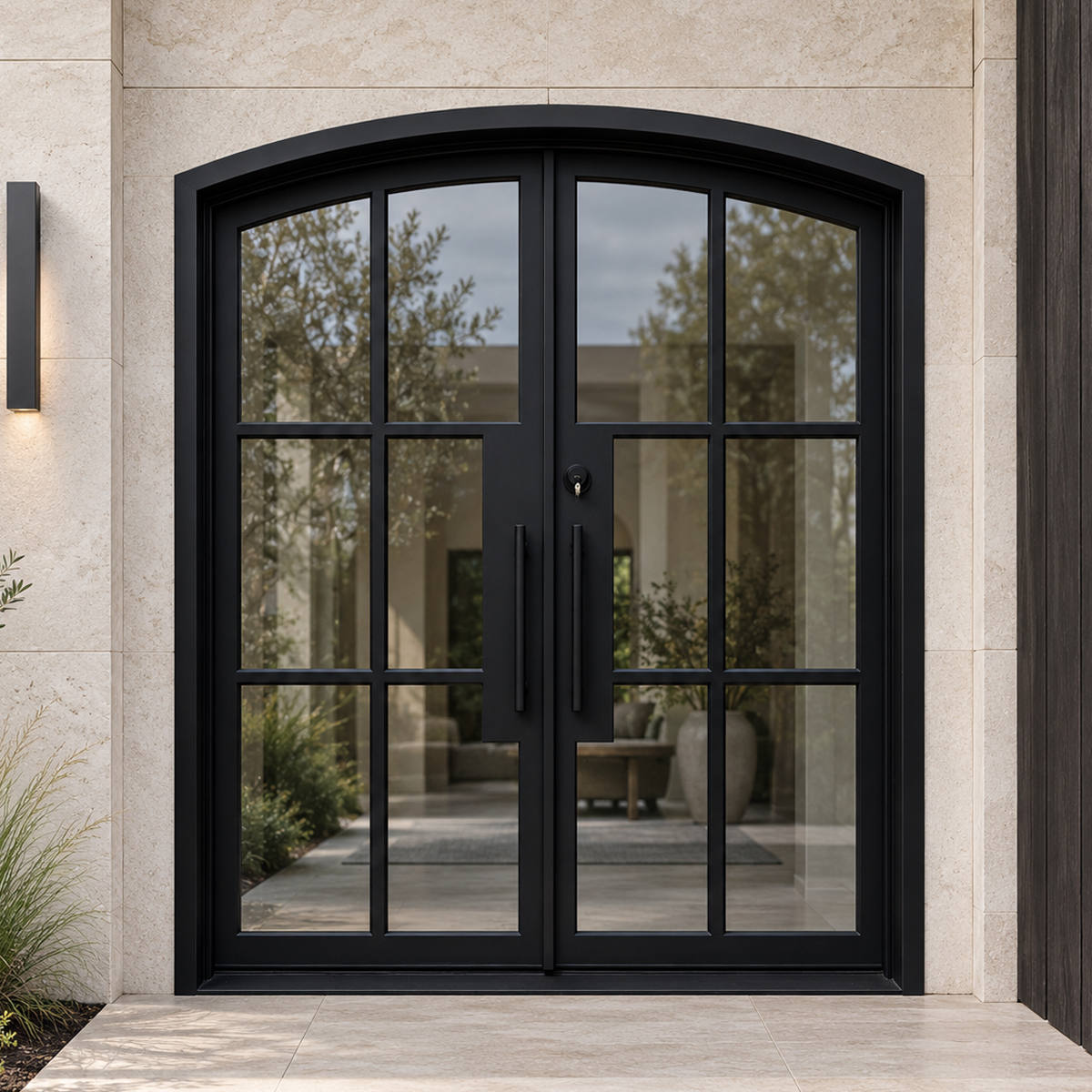 Black double French iron doors with an eyebrow arch, divided glass panels, and straight pull handles in a light stone entrance