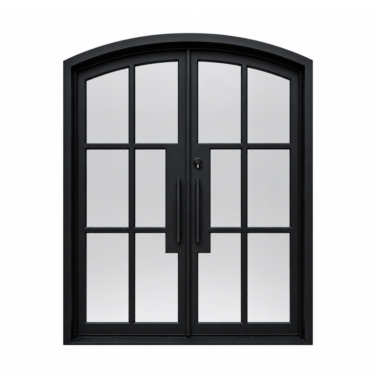 Front view of black double French iron doors with an eyebrow arch, six glass panes per leaf, and stepped center stiles