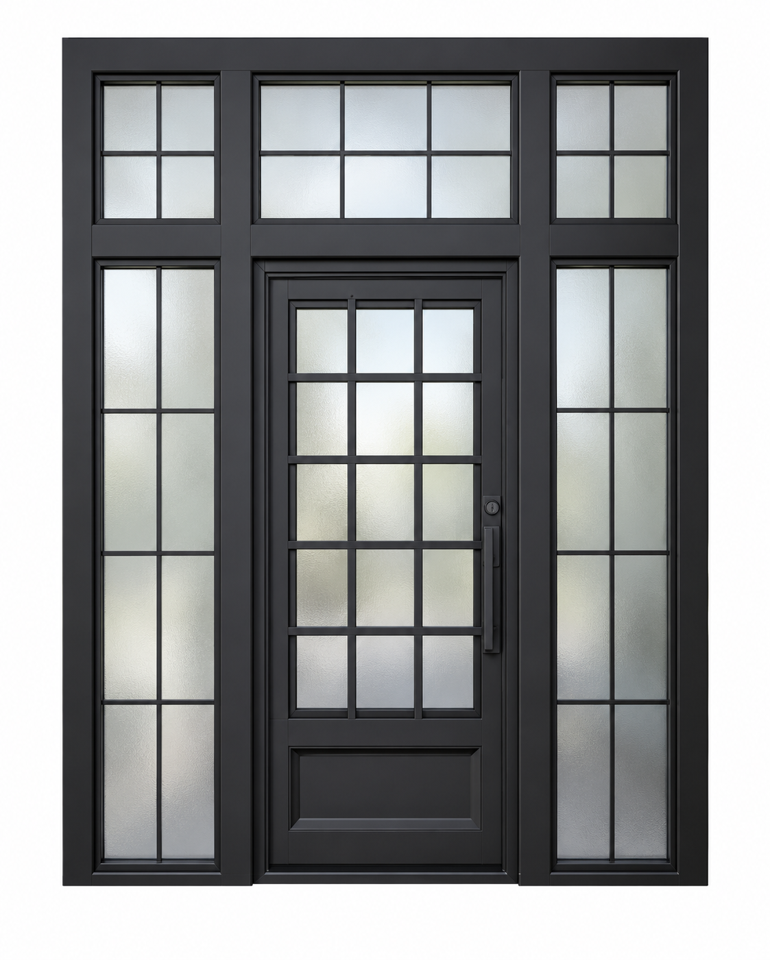 Front view of an iron French entry door with double sidelights, rectangular transom and black divided lite frame