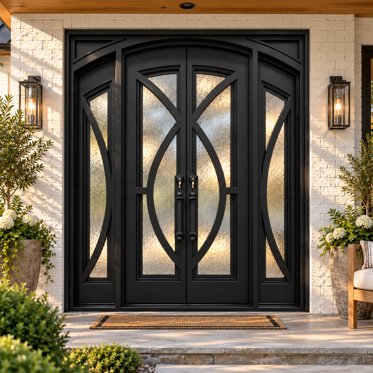 Front view of black double iron entry door with textured glass, curved oval ironwork, and matching sidelights.