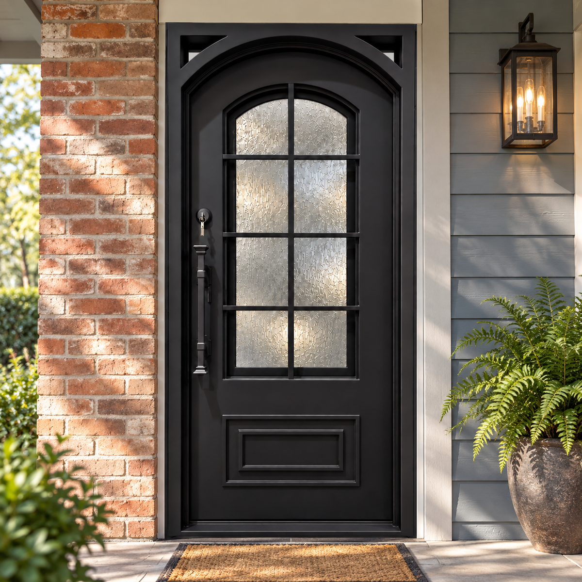 Front view of a black iron entry door with arched textured glass and gridwork.