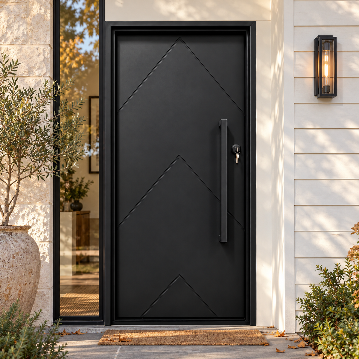 Front view of a black modern iron entry door with geometric chevron grooves.