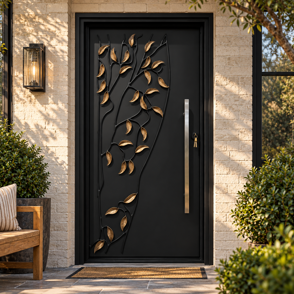 Front view of a black iron entry door with sculptural vine branches, gold leaves, and a long metal pull.