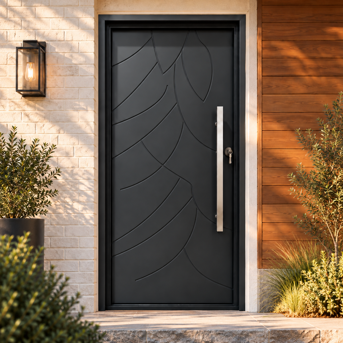 Front view of matte black single iron entry door with sweeping curved grooves and a long silver pull handle.