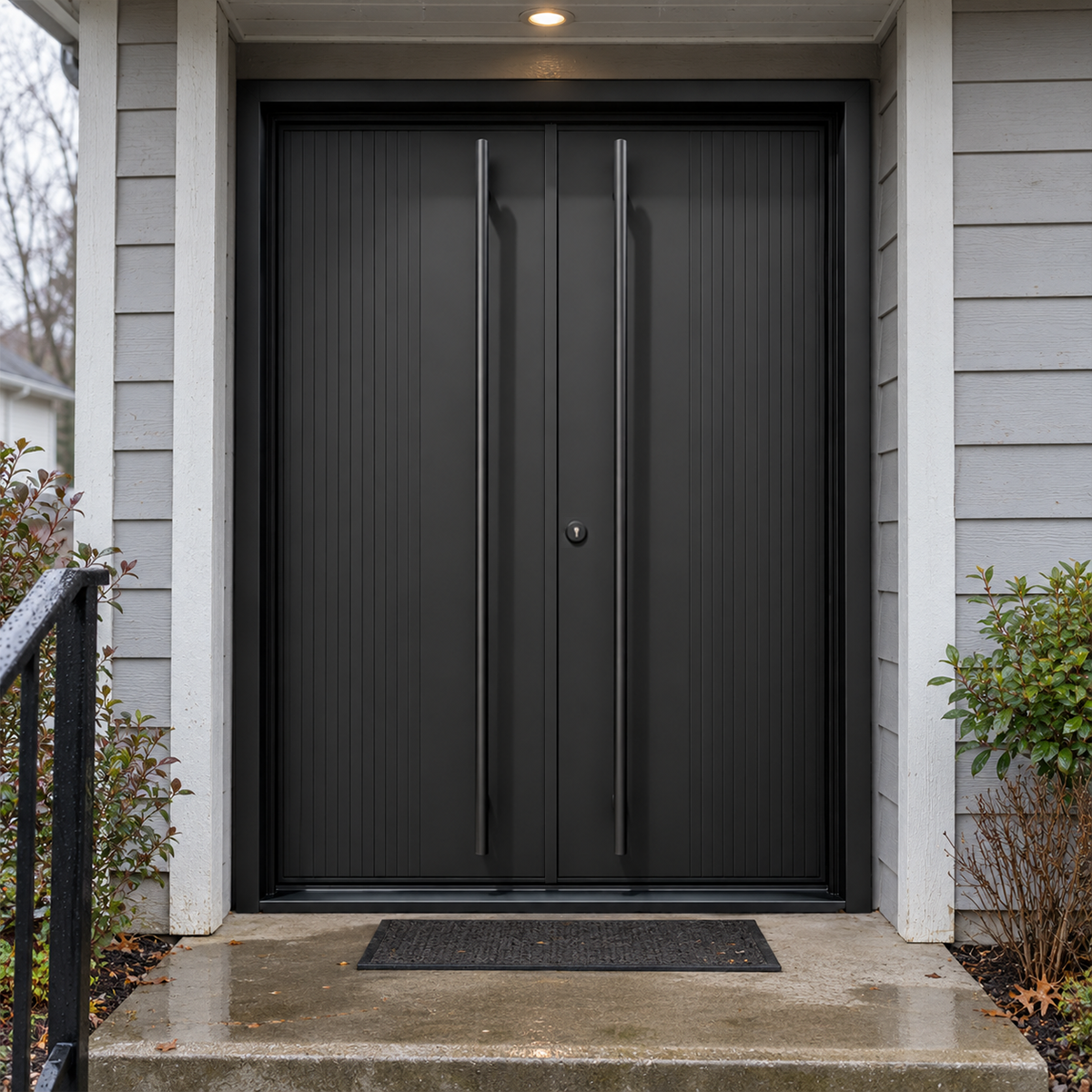 Black Double Modern Iron Doors with Vertical Detailing & Extra-Long Pull Handles
