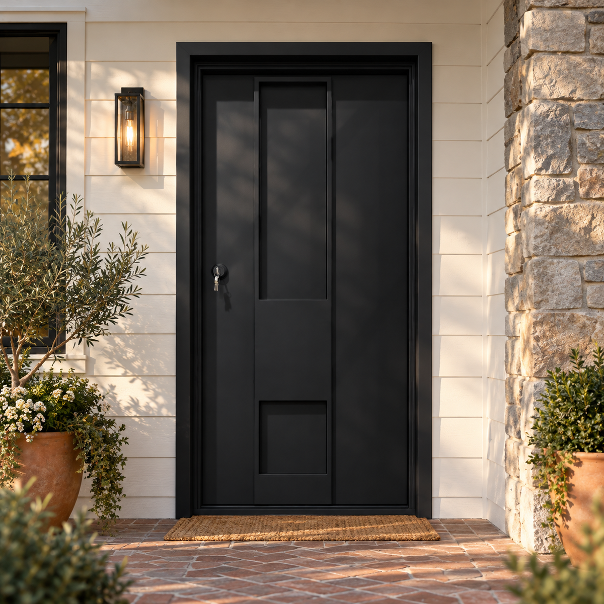 Front view of a black modern iron entry door with stacked recessed panels.