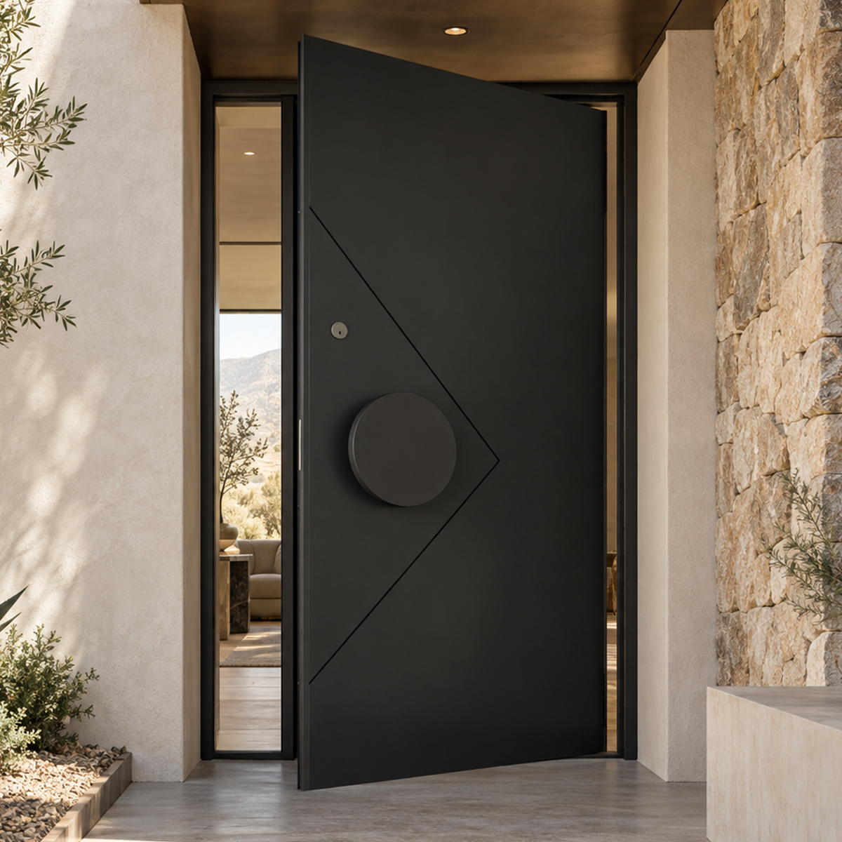 Geometric black pivot front door with large round handle installed at a contemporary American stone entrance