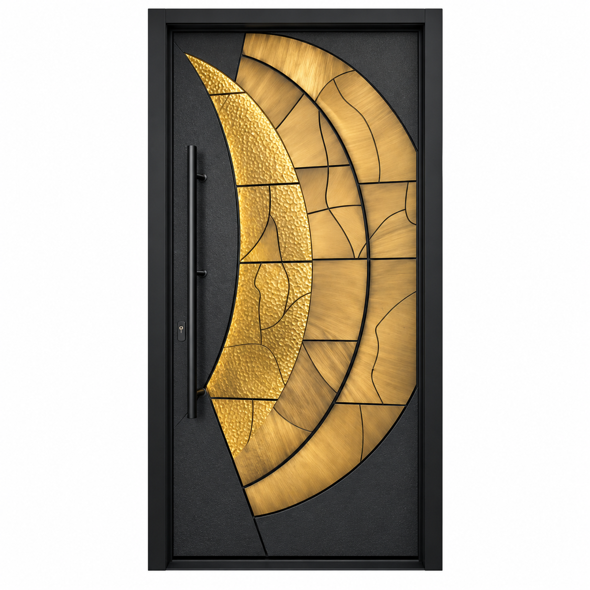 Front view of a luxury black and gold front door featuring layered crescent-shaped metallic panels, geometric detailing and a vertical black pull handle