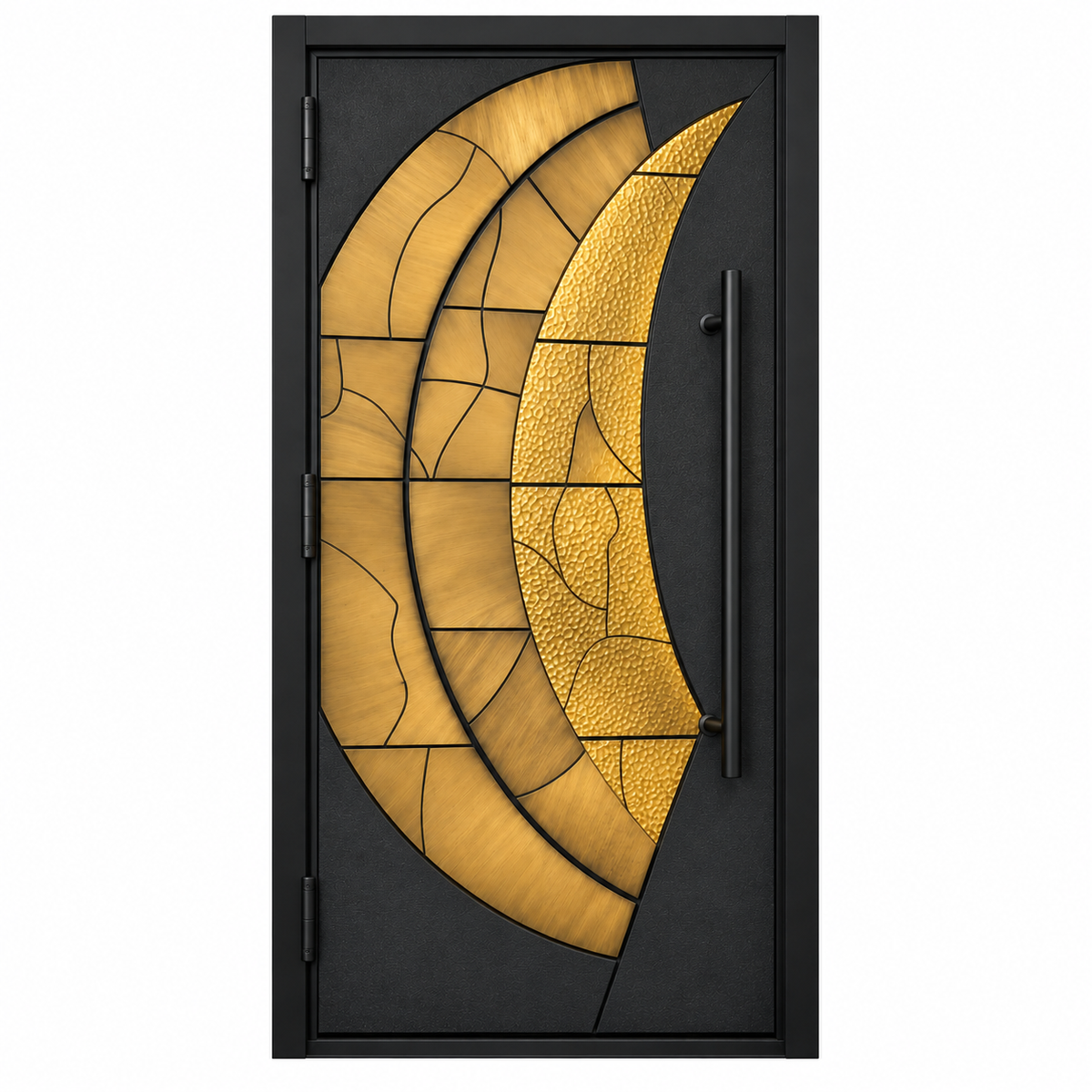 Interior view of a luxury black and gold front door featuring curved metallic panels, textured gold detailing and a vertical black pull handle