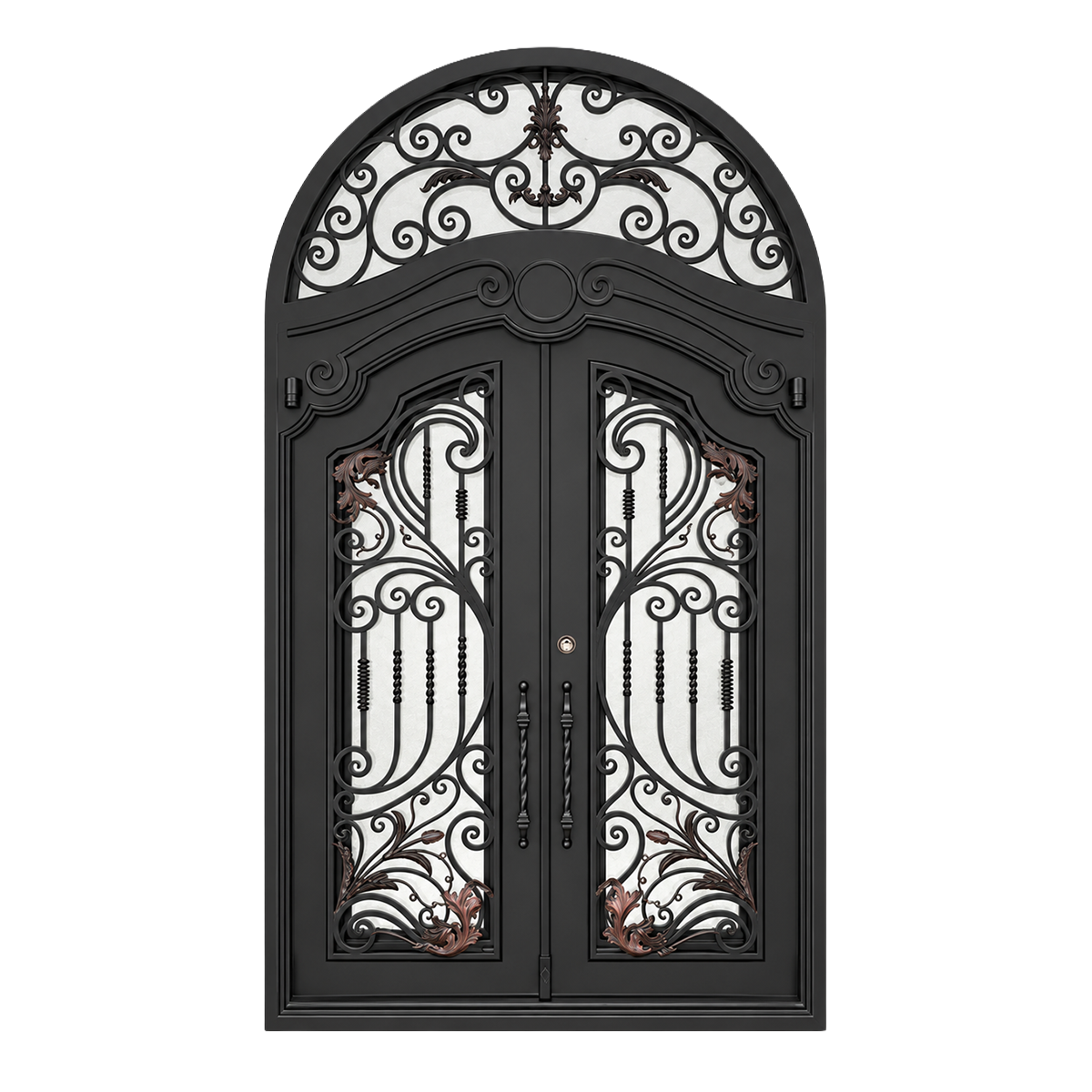Front view of a grand double iron entry door with ornate scrollwork panels and decorative arched transom