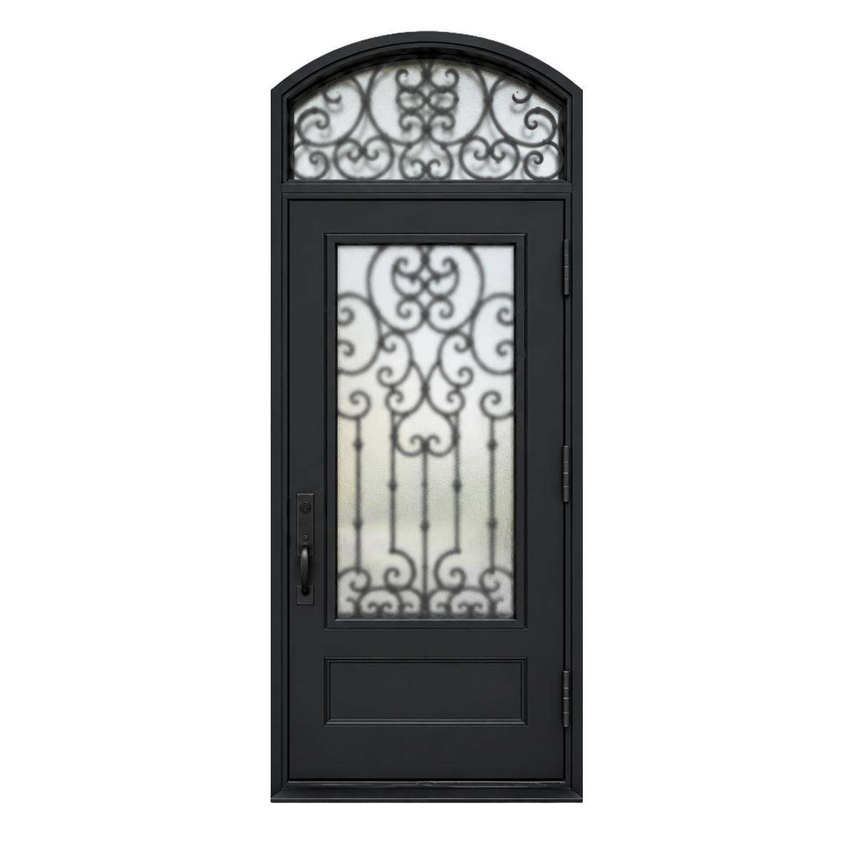 Rear view of a traditional black iron entry door with ornamental scrollwork and integrated arched transom