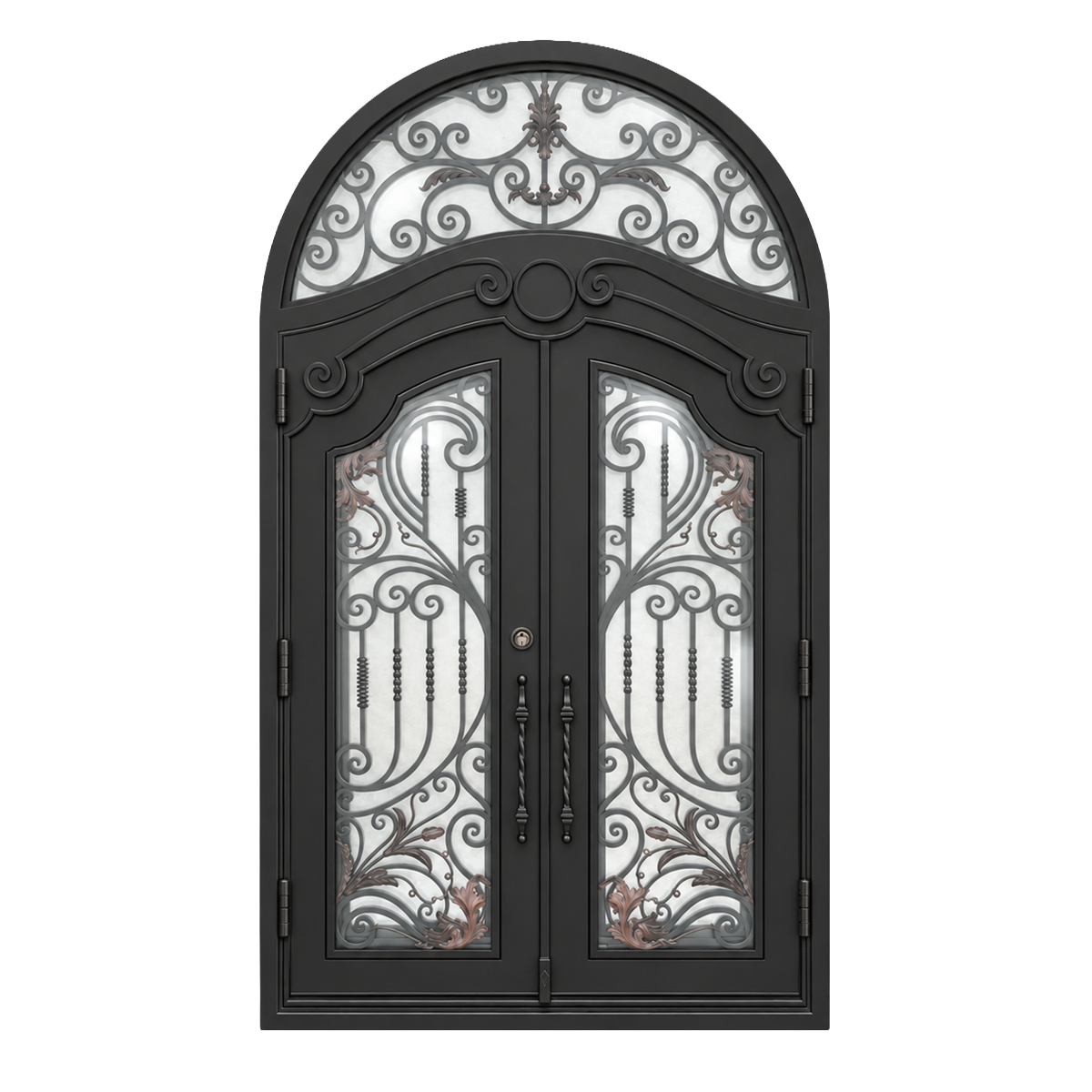 Rear view of a black double iron door with integrated arched transom and traditional scrollwork