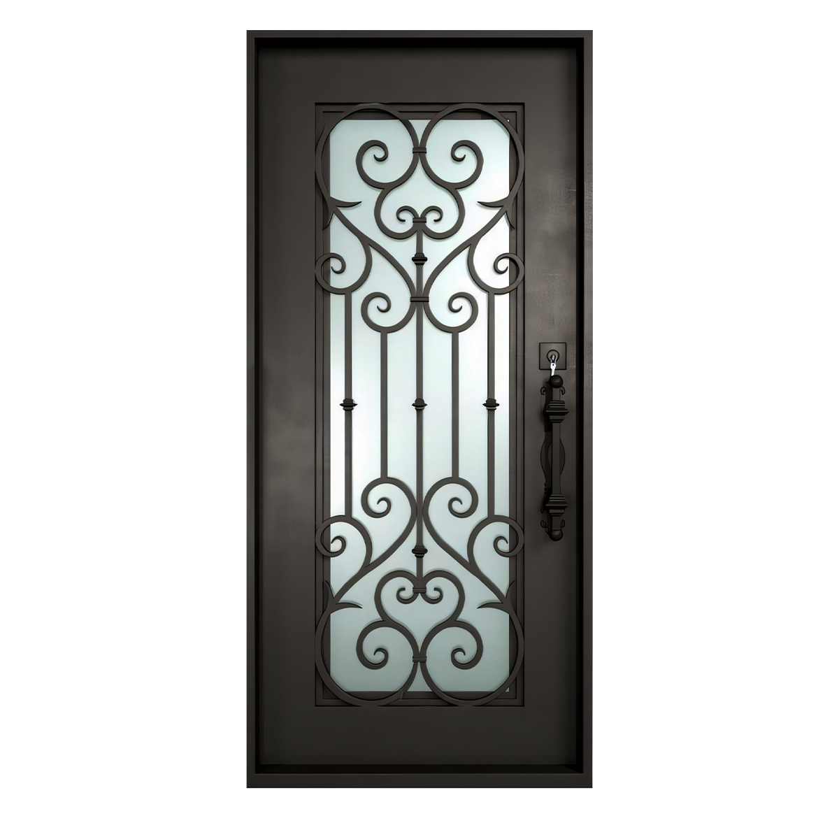 Front view of a traditional single iron entry door with symmetrical scrollwork and tall textured glass panel