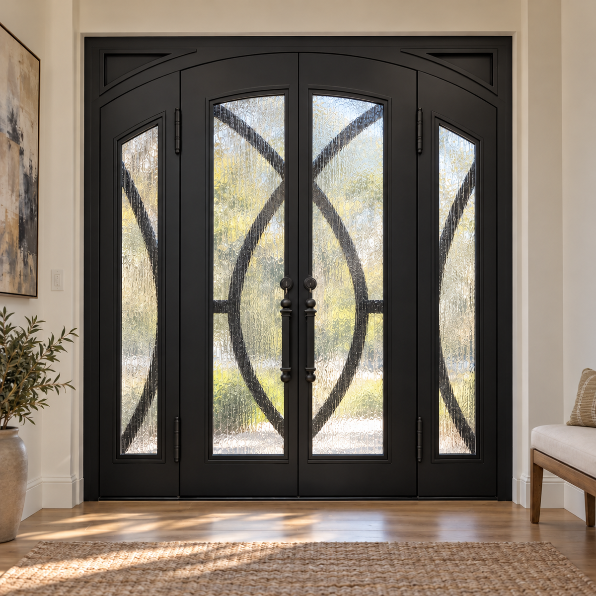 Interior view of black double iron entry door and sidelights with textured glass.