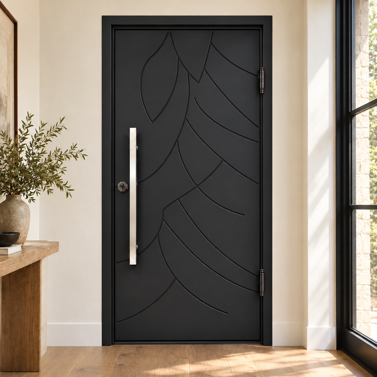 Interior view of black single iron door with curved grooves and a long silver pull handle.