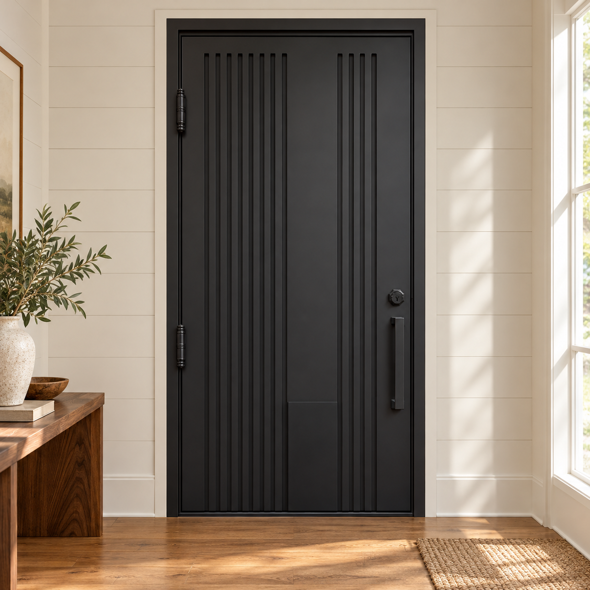 Interior view of a black iron entry door with vertical grooves and a long pull handle.