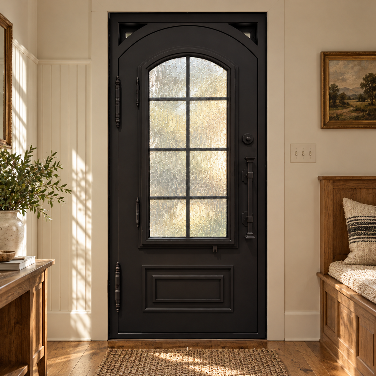 Interior view of the arched glass iron entry door.