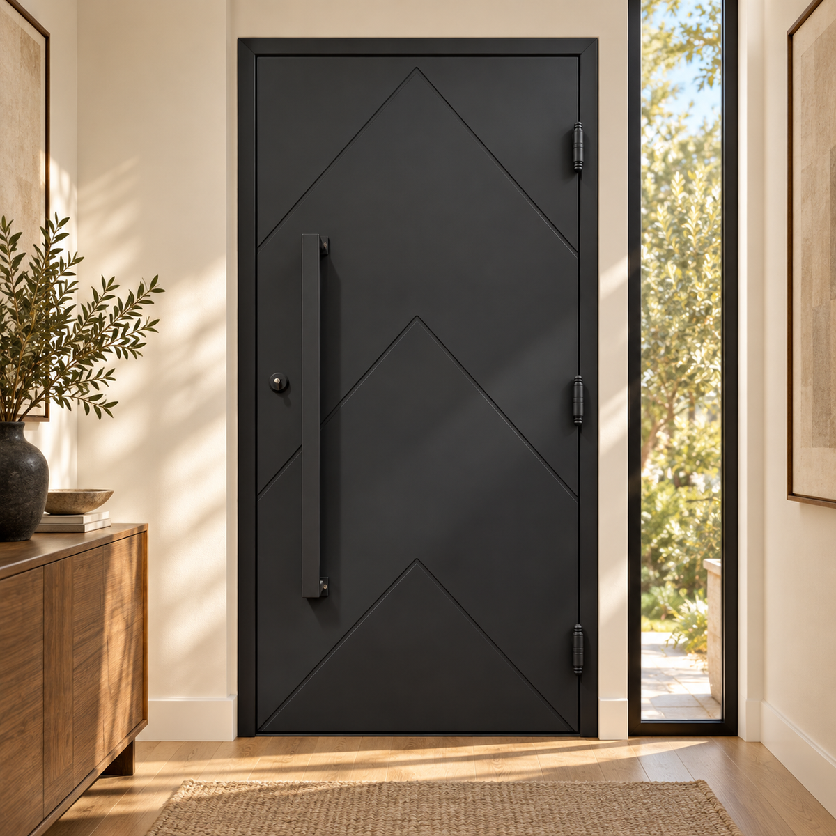 Interior view of the geometric chevron iron door.