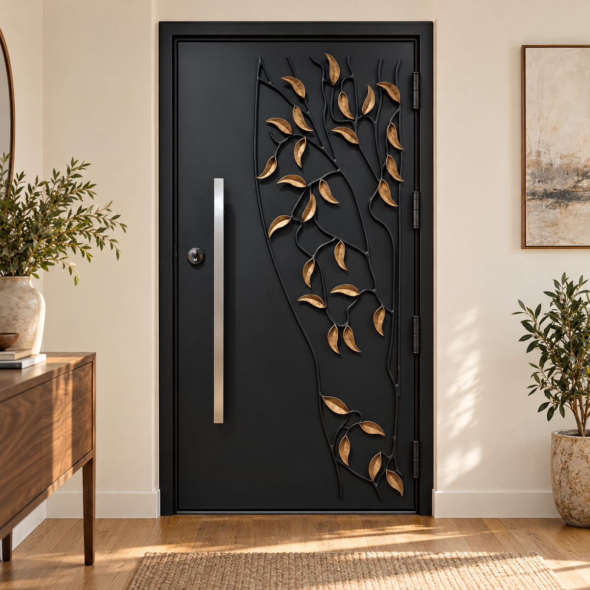 Interior view of the black iron door with gold-leaf vine detailing.