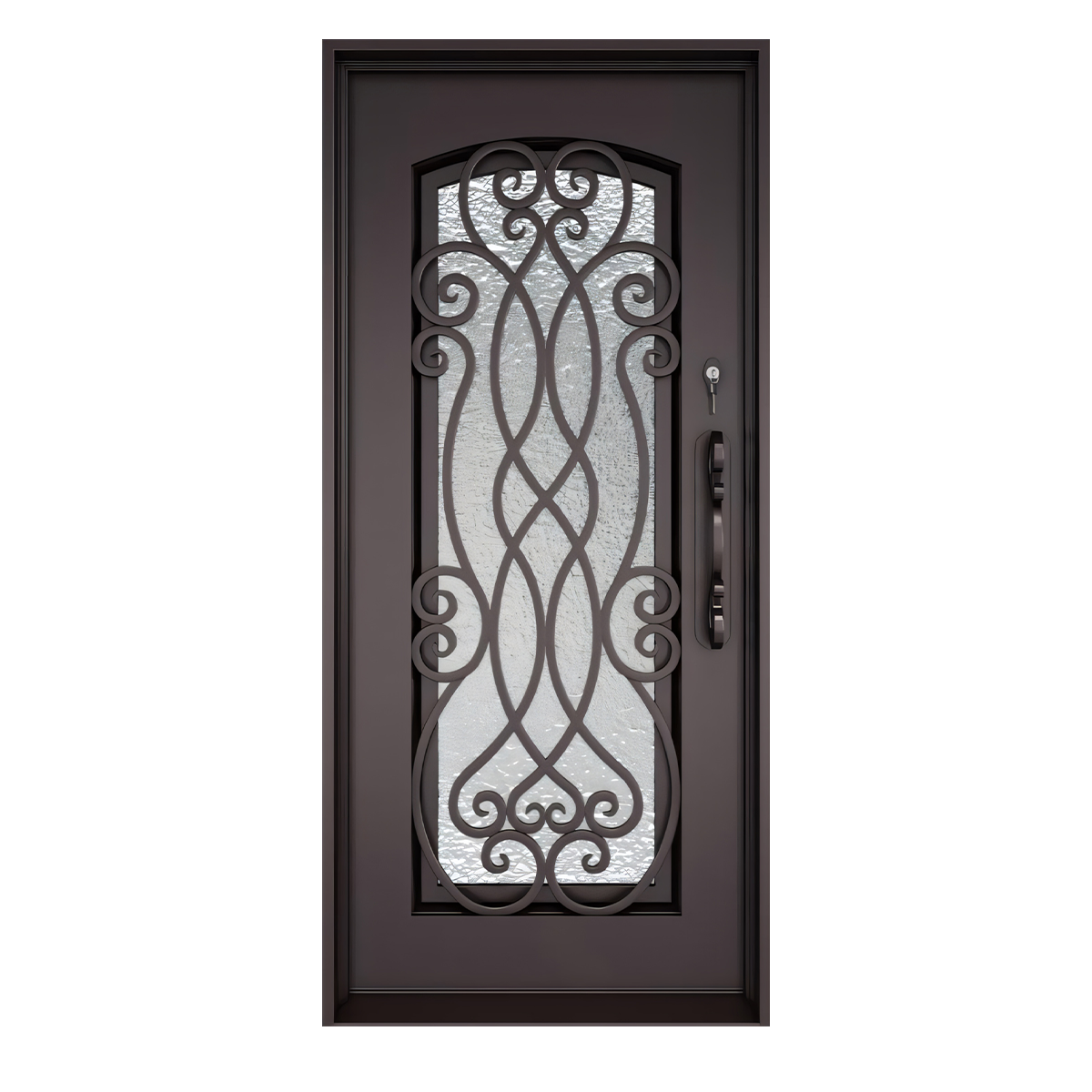 Front view of a traditional single iron entry door with interlaced scrollwork and tall textured glass panel