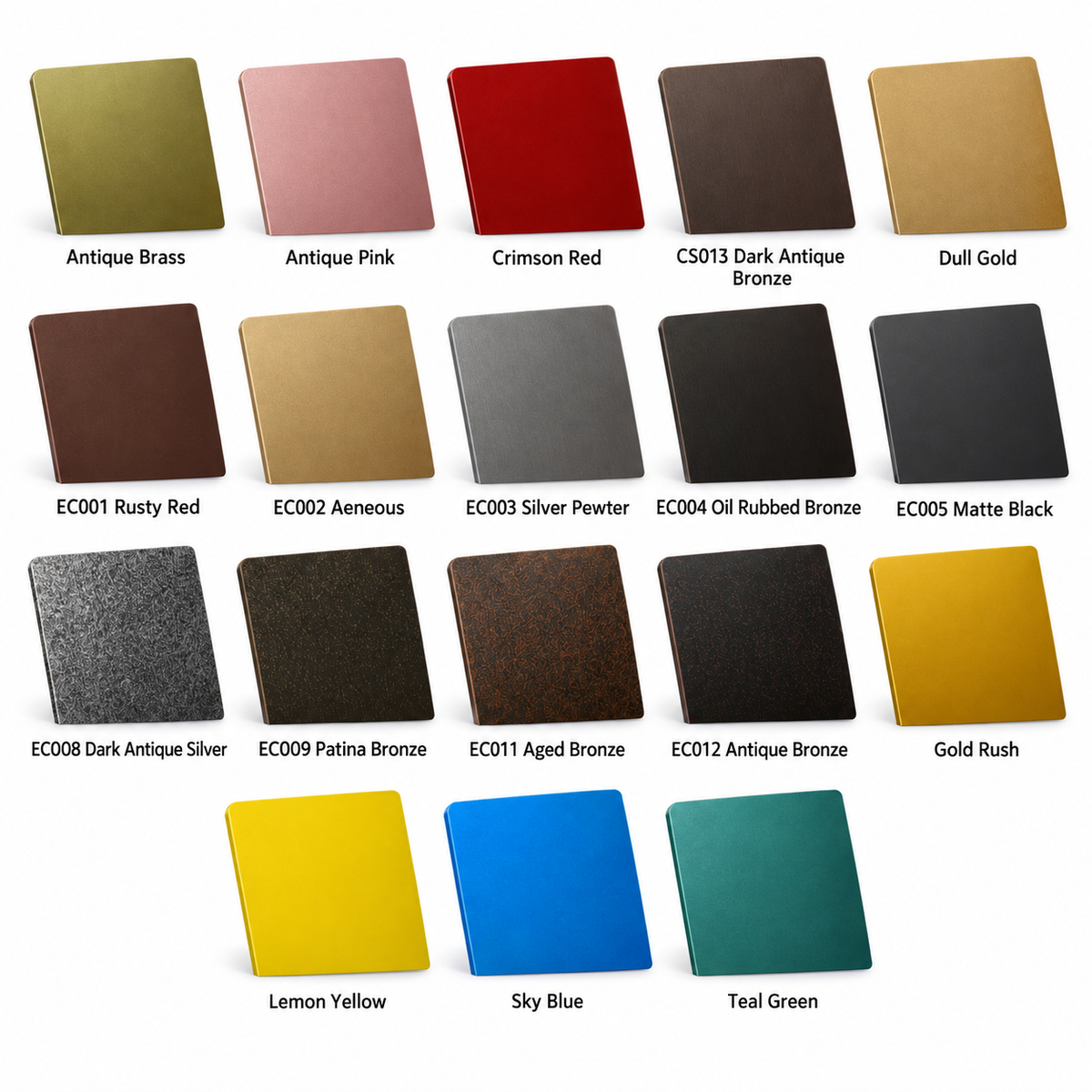 Iron door finish color samples in bronze, black, gold, silver, red, blue, yellow and teal