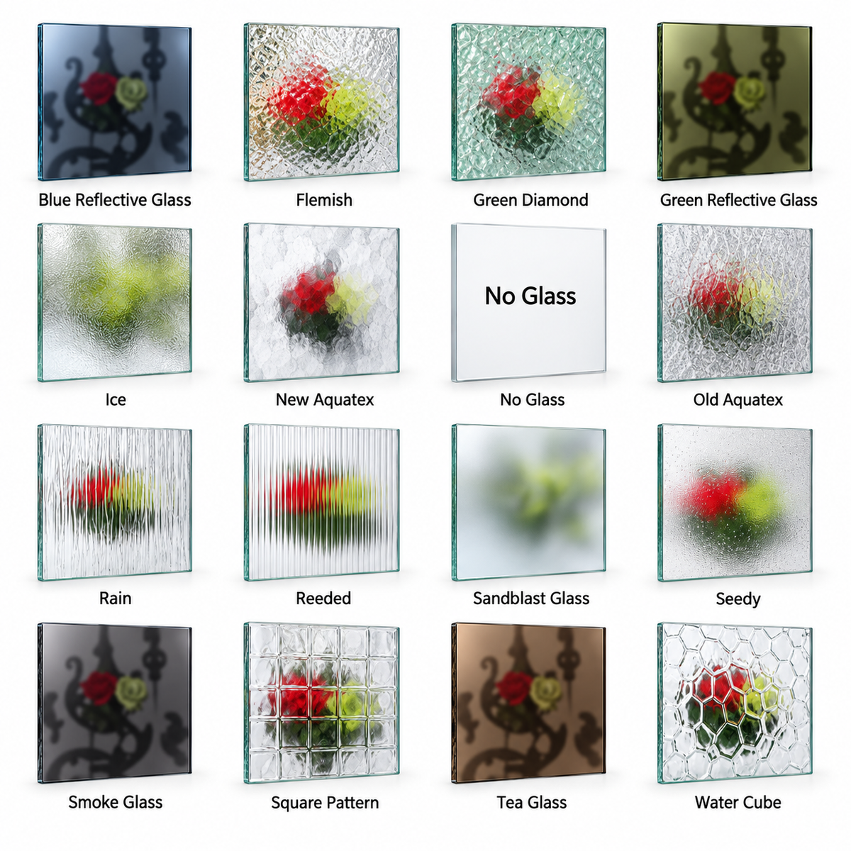 Decorative iron door glass options featuring reflective, textured, frosted, reed, patterned, tinted, and clear glass styles.