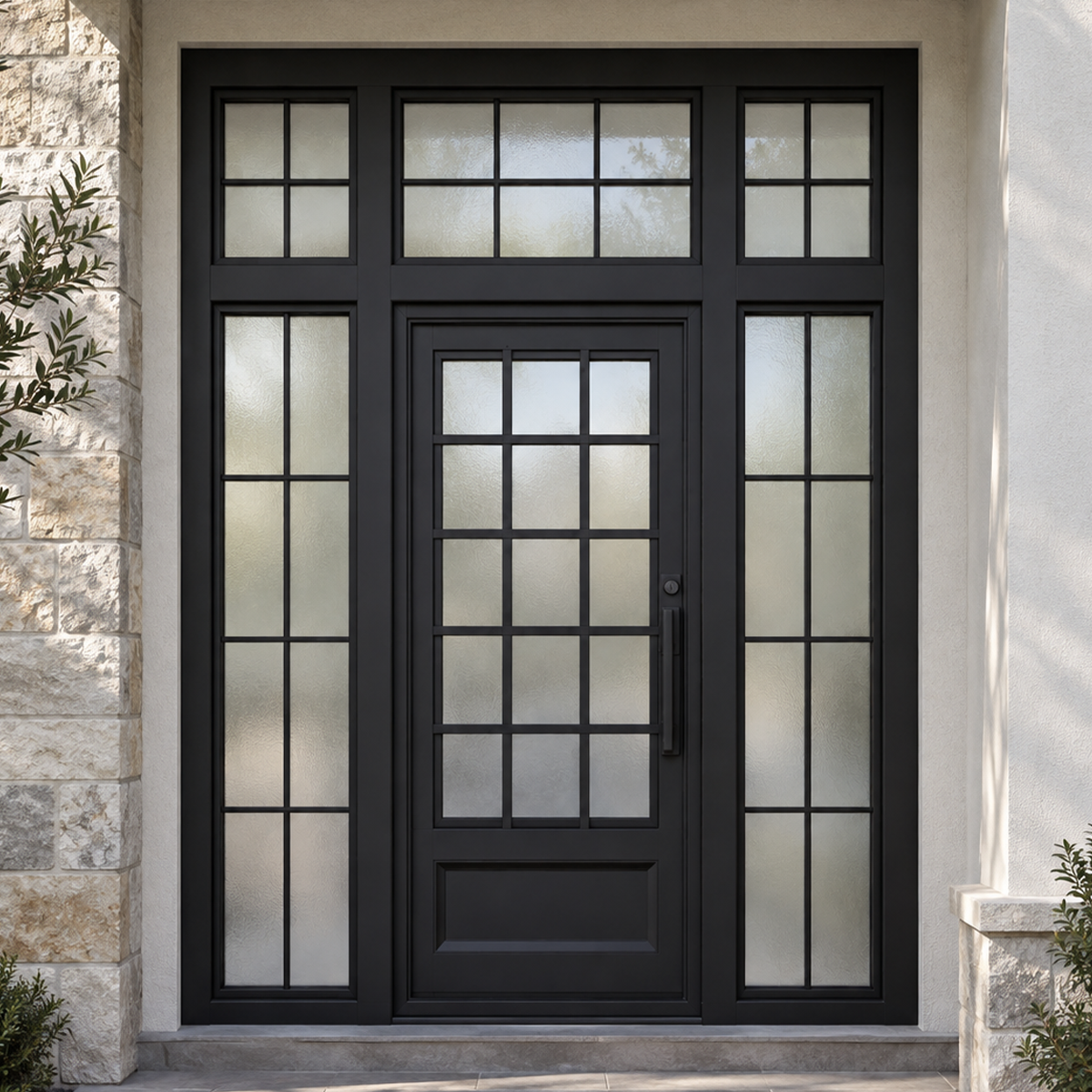 Black iron French entry door with sidelights and transom installed at an upscale American light stone entrance