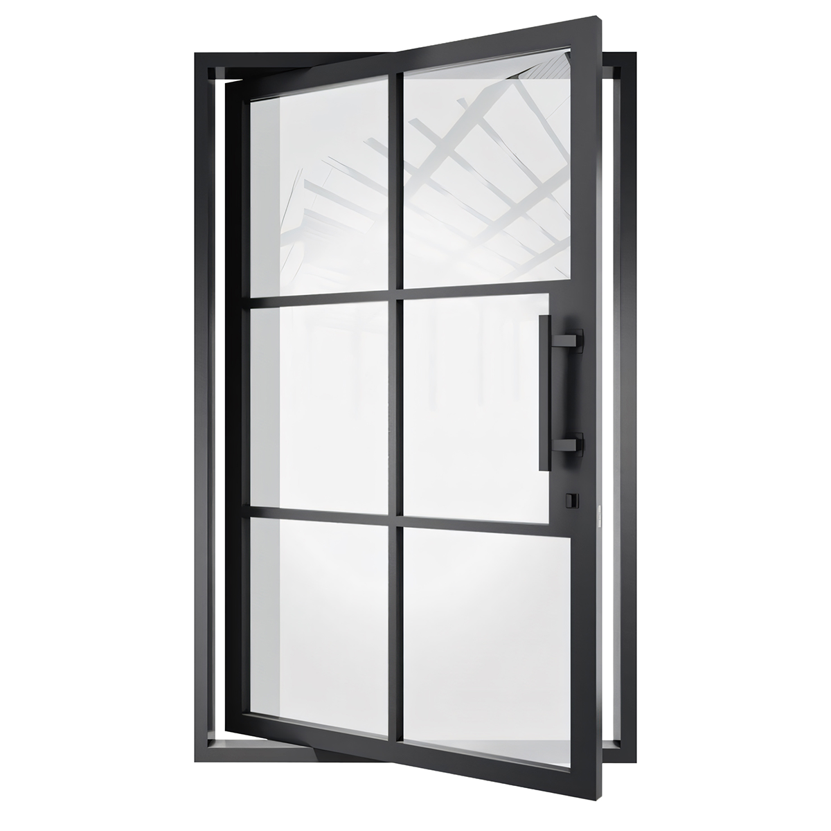 Black pivot iron door shown open with six divided glass panels and a vertical pull handle