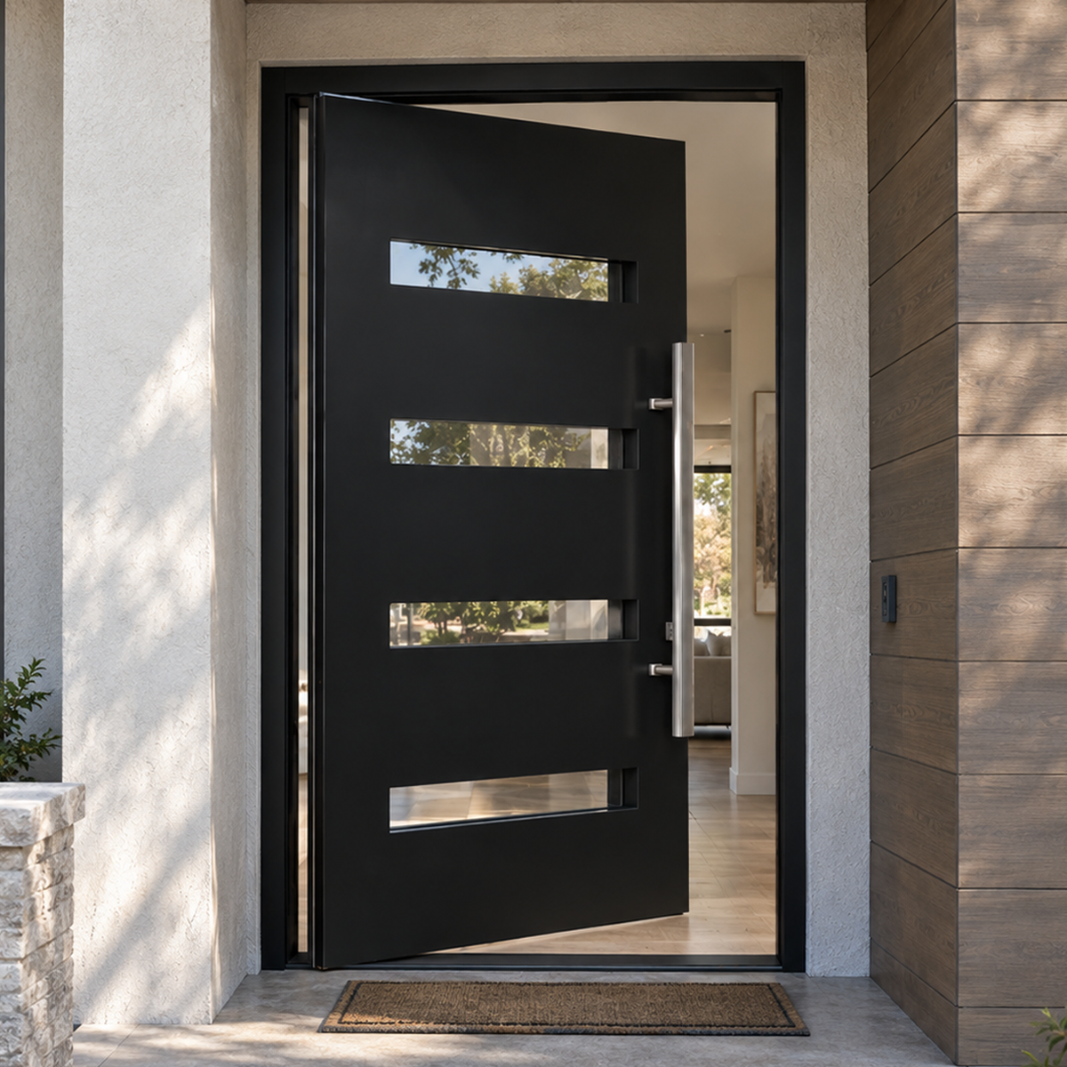 Black pivot front door with four horizontal glass slots installed at a contemporary American residential entrance