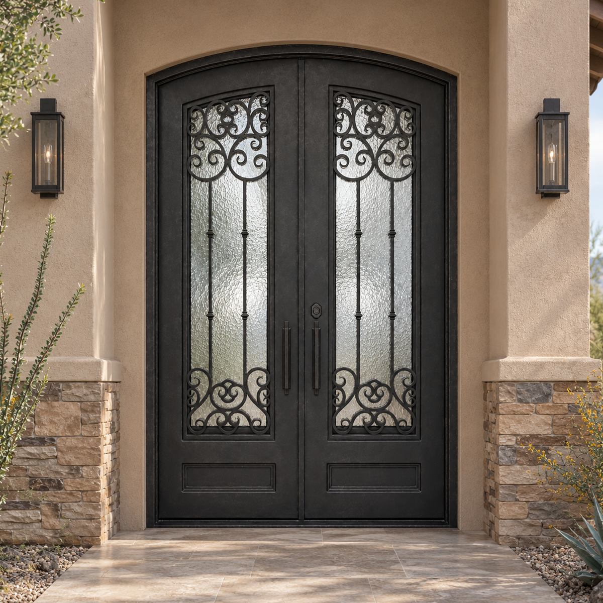 Luxury American home entrance with traditional double iron door, arched top and decorative scrollwork