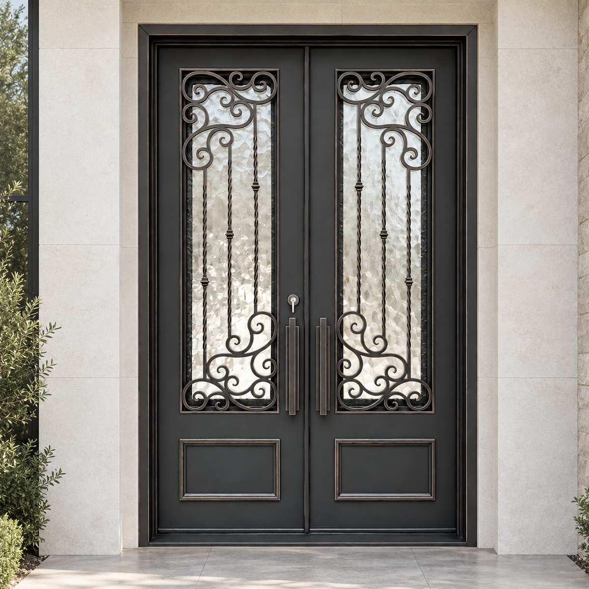 Luxury double iron entry door with traditional scrollwork at an American home